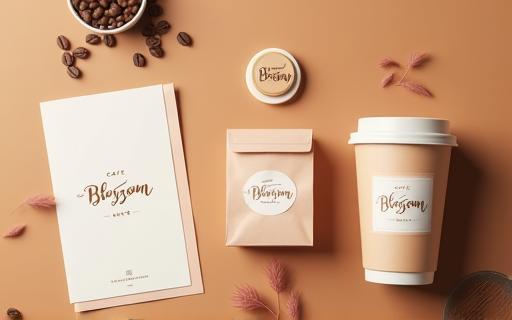 Brand identity design for Cafe Blossom showing logo, cup, and menu