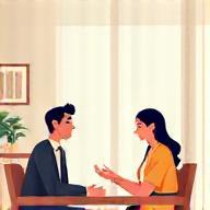 Illustration of two people discussing design ideas over a table
