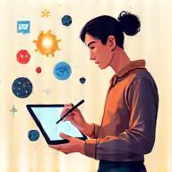 Illustration of a designer sketching on a tablet with creative elements