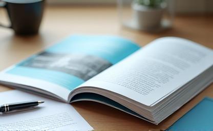 Example of professional brochure design spread on a desk